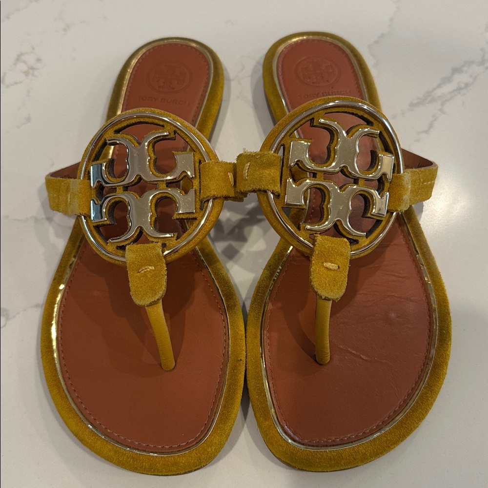 Tory Burch Metal Miller Leather Suede Thong Sandals Goldfinch Gold Size 6